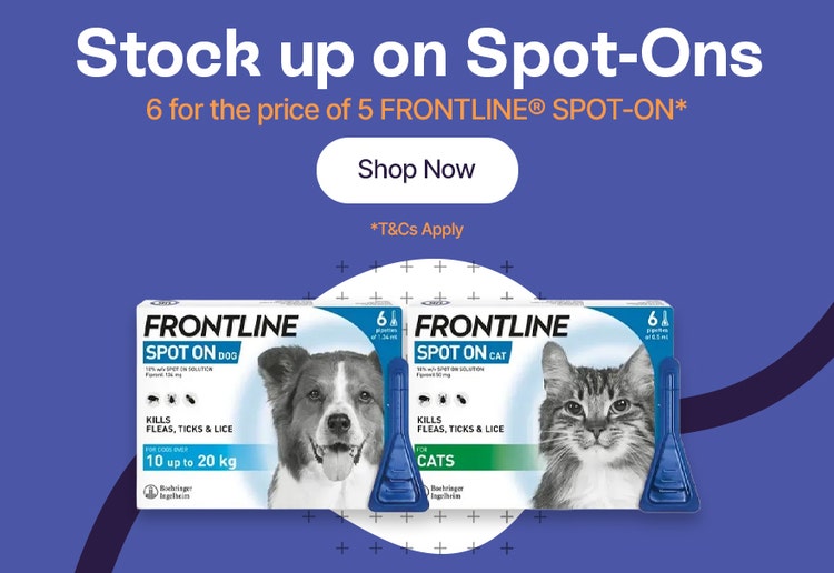 Stock up on Spot-Ons. 6 for the price of 5 Frontline Spot-On* Shop Now