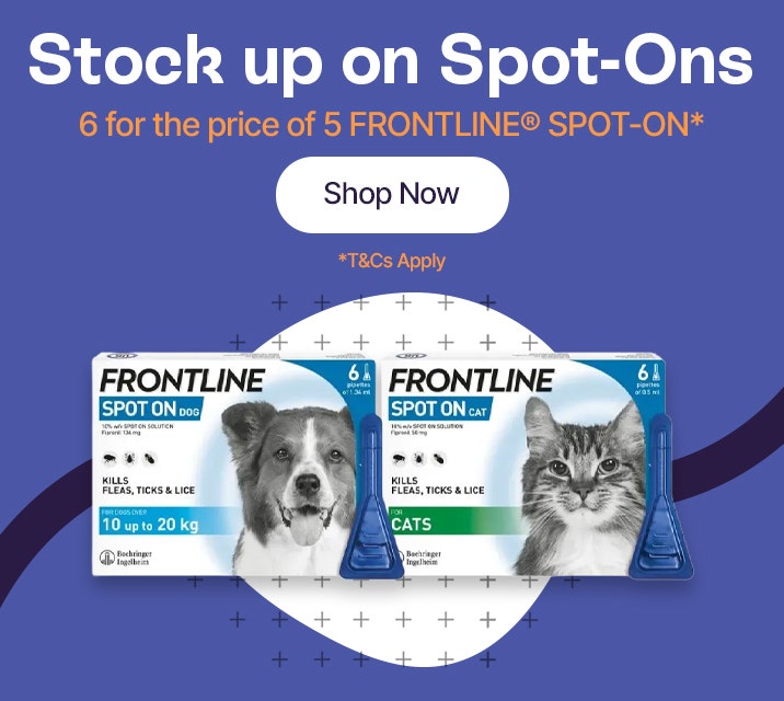 Stock up on Spot-Ons. 6 for the price of 5 Frontline Spot-On* Shop Now